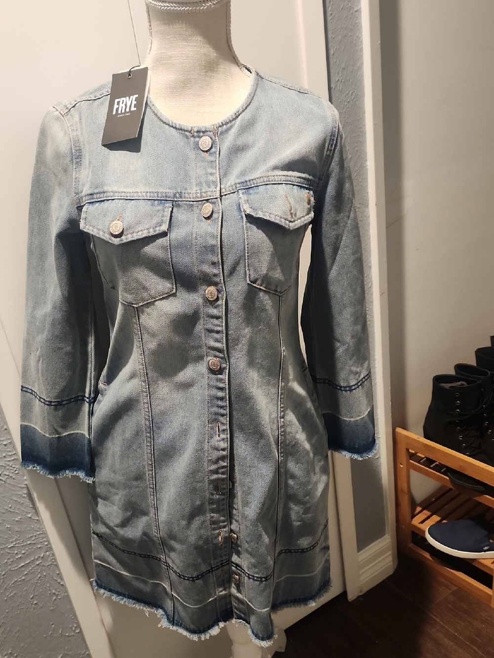 FRYE Light Blue Denim Jacket Dress with Round Neck